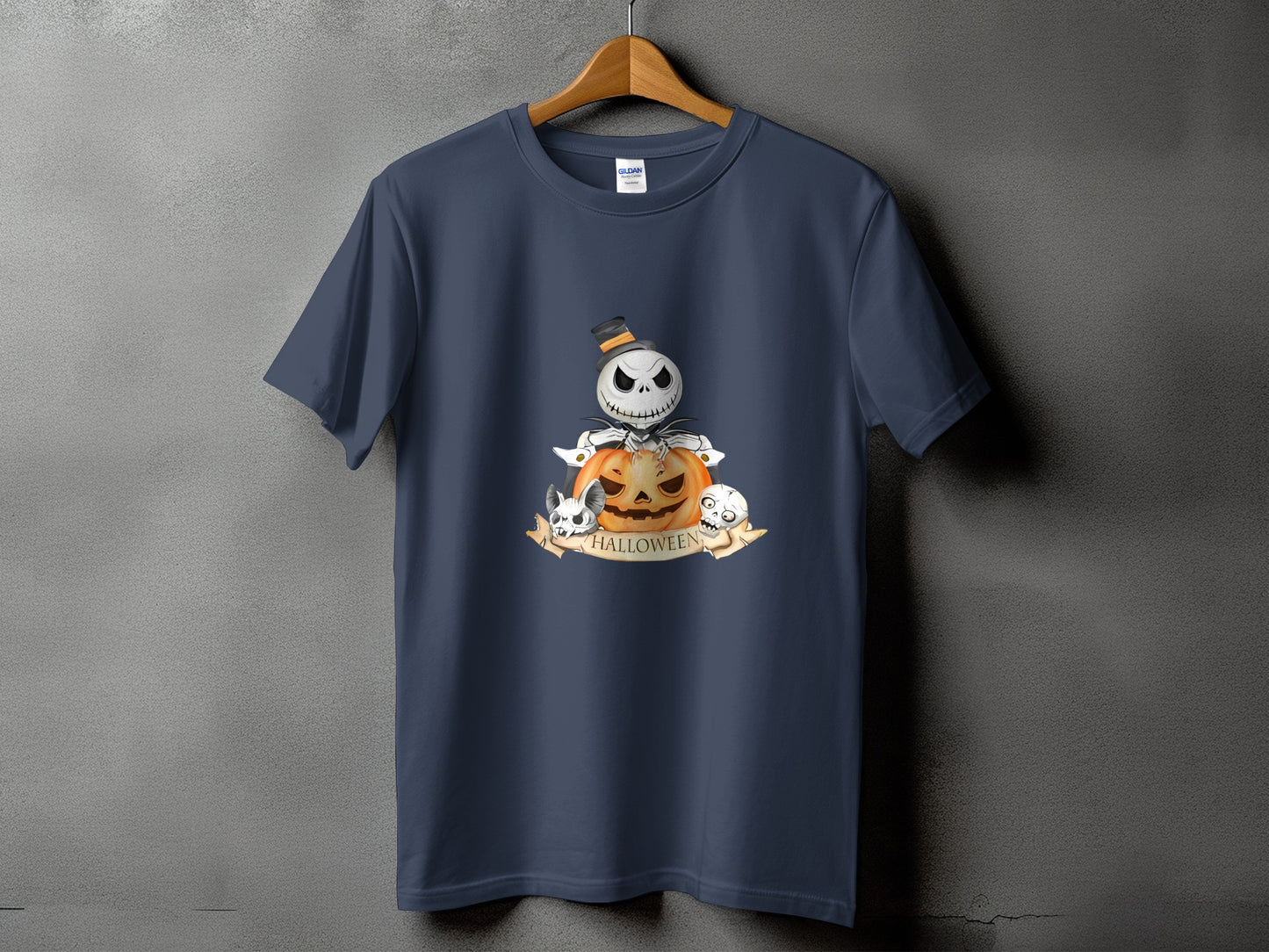 Dark blue t-shirt featuring a Halloween graphic with a pumpkin, skeleton, and skulls.