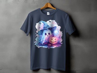 Halloween t-shirt with a watercolor ghost in a witch hat and a jack-o'-lantern.