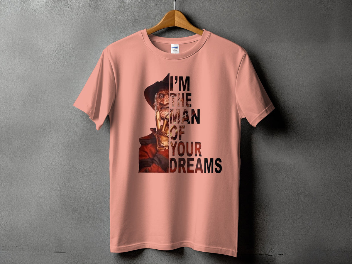 Peach t-shirt with Freddy Krueger graphic and "I'm the man of your dreams" text.