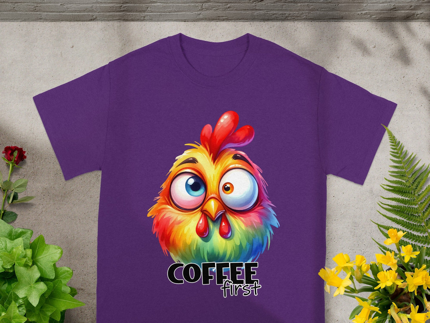 Funny Colorful Chicken Coffee First T-Shirt