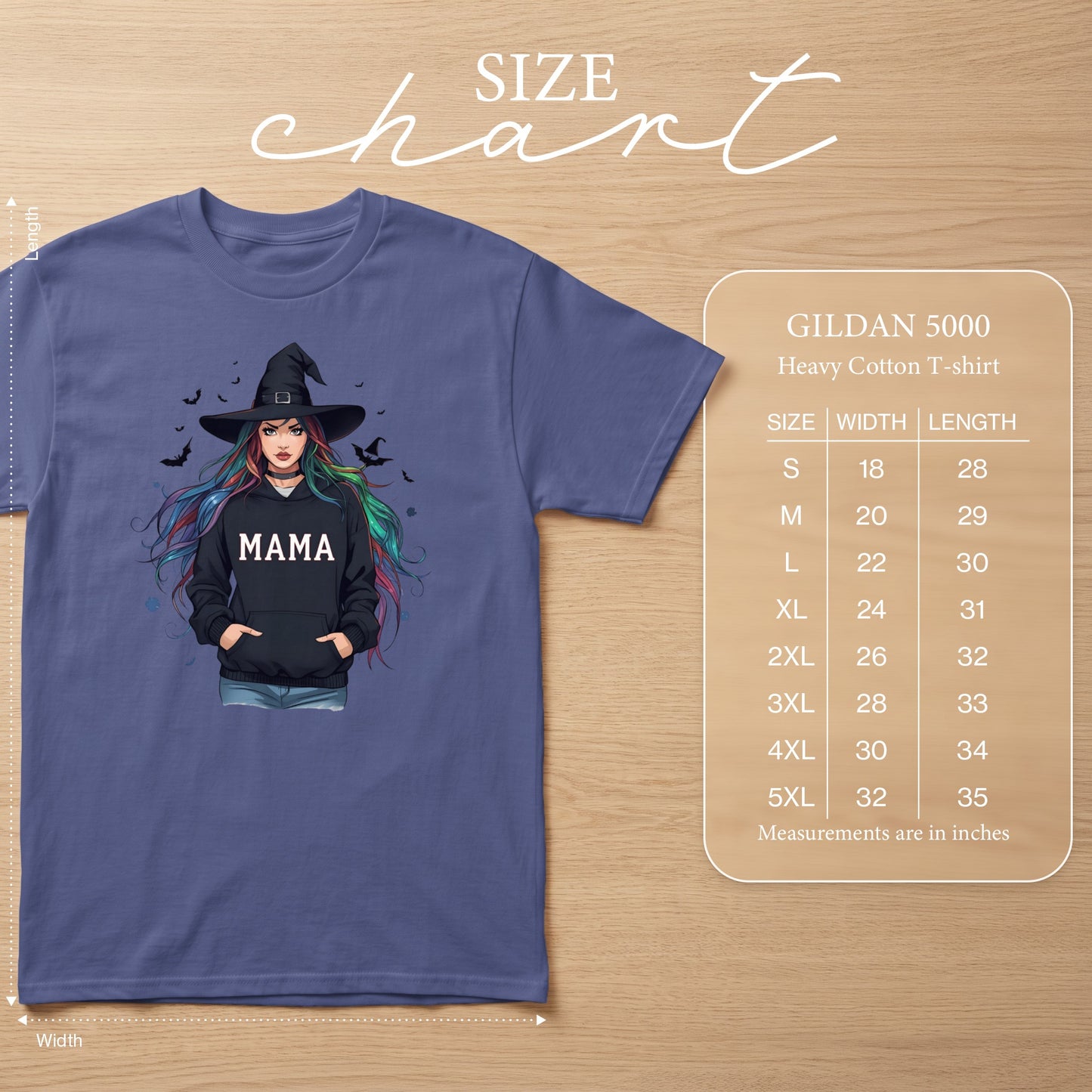 GILDAN 5000 heavy cotton t-shirt size chart with graphic of a witch.