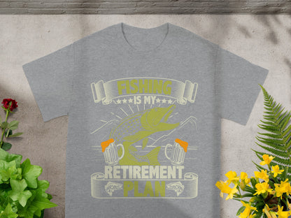 Grey t-shirt graphic: "FISHING IS MY RETIREMENT PLAN" with a fish and beer mugs.