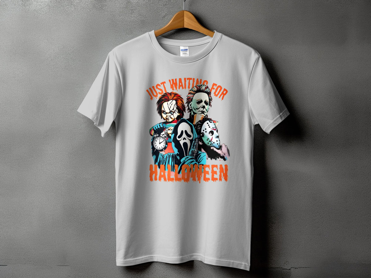 White t-shirt with "Just Waiting For Halloween" and horror characters.
