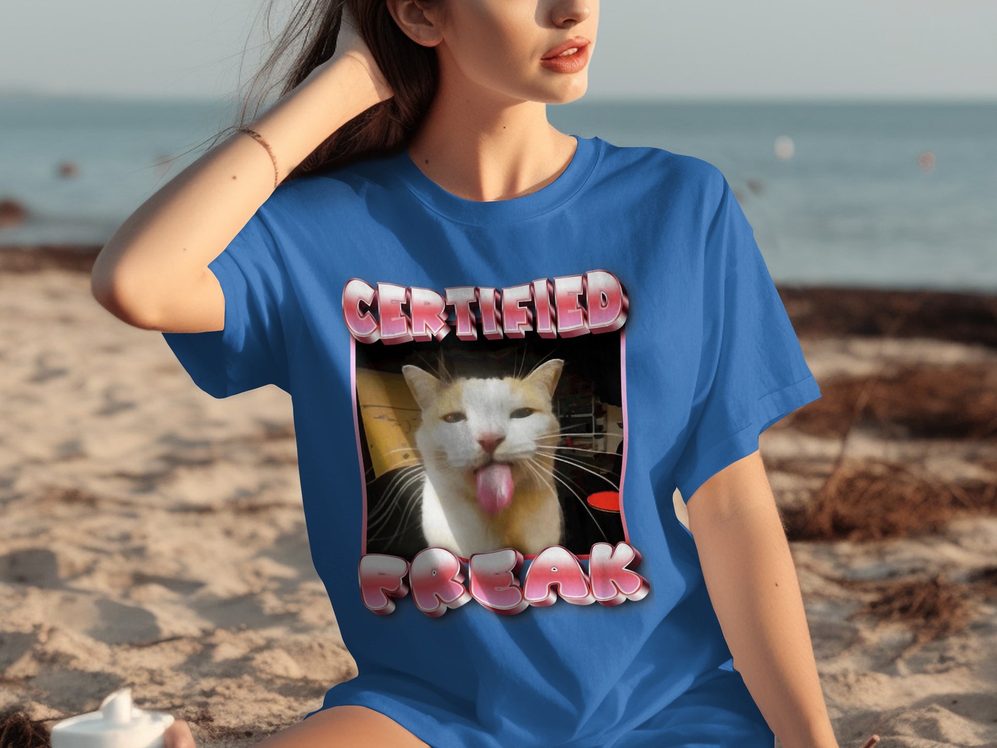 Certified Freak Cat Design Blue Tee Shirt