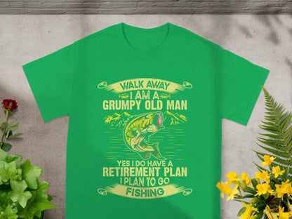 Green t-shirt with "Walk Away I Am A Grumpy Old Man" and fishing graphic.