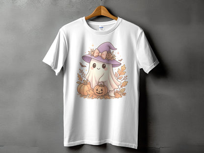 White t-shirt with a cute ghost wearing a witch hat, holding a pumpkin.