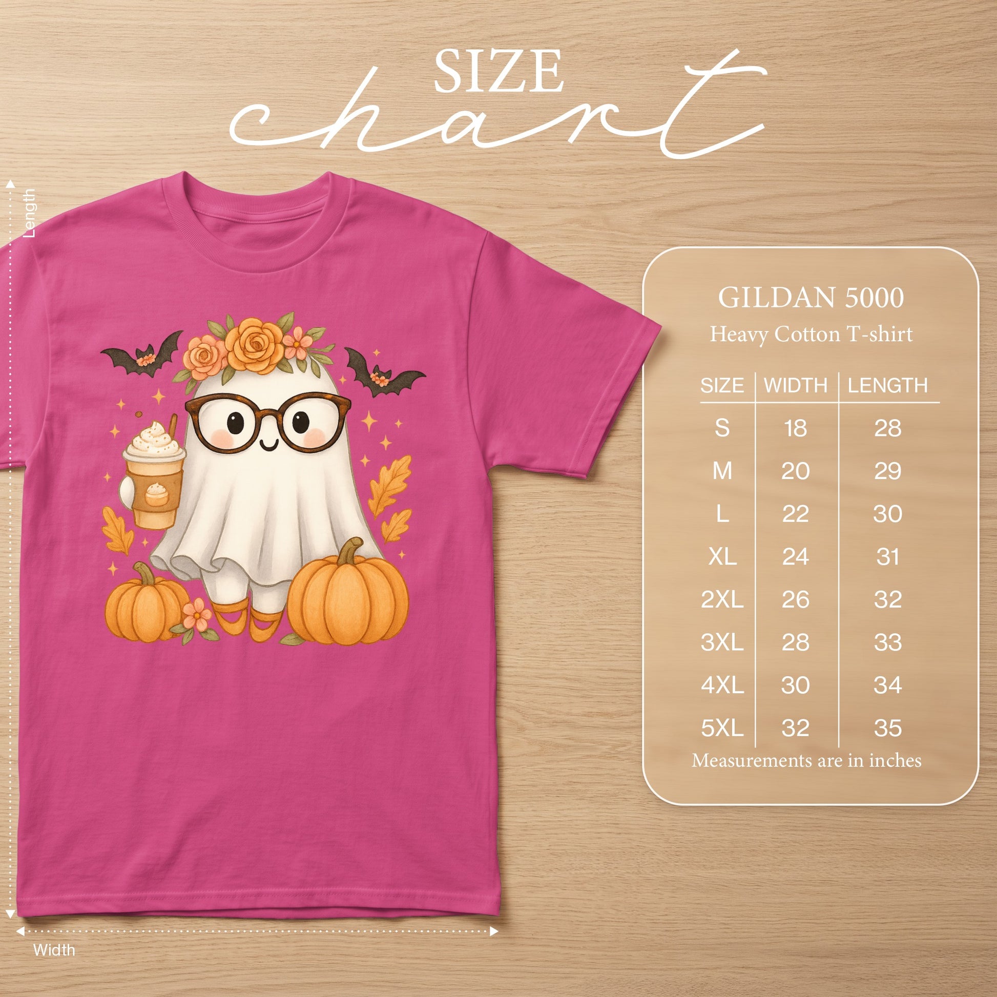 Pink Gildan 5000 t-shirt with a cute ghost, pumpkins, and coffee illustration.