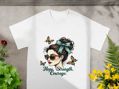 Hope Strength Courage Graphic T-Shirt with Butterflies