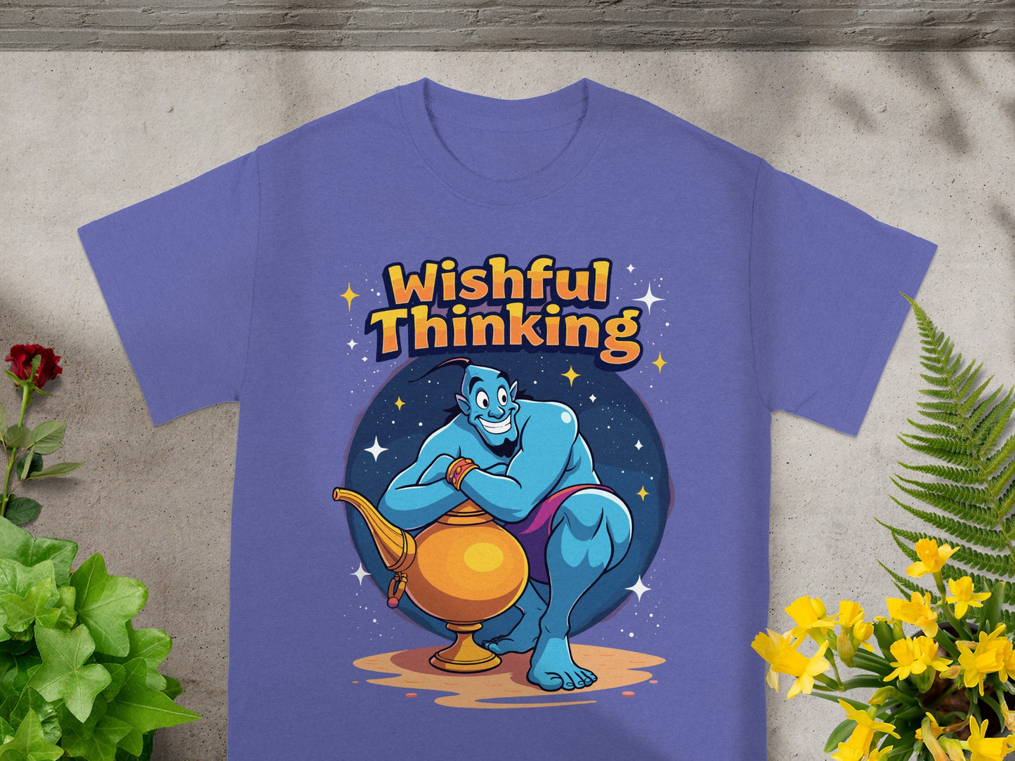 Blue genie in purple shirt sits with genie lamp, text "Wishful Thinking".