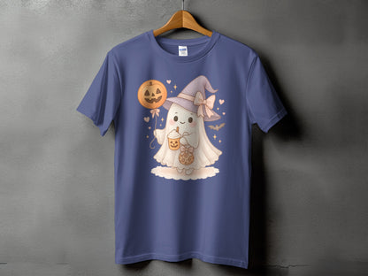 Blue t-shirt with a cartoon ghost wearing a witch hat holding a pumpkin balloon and drink.
