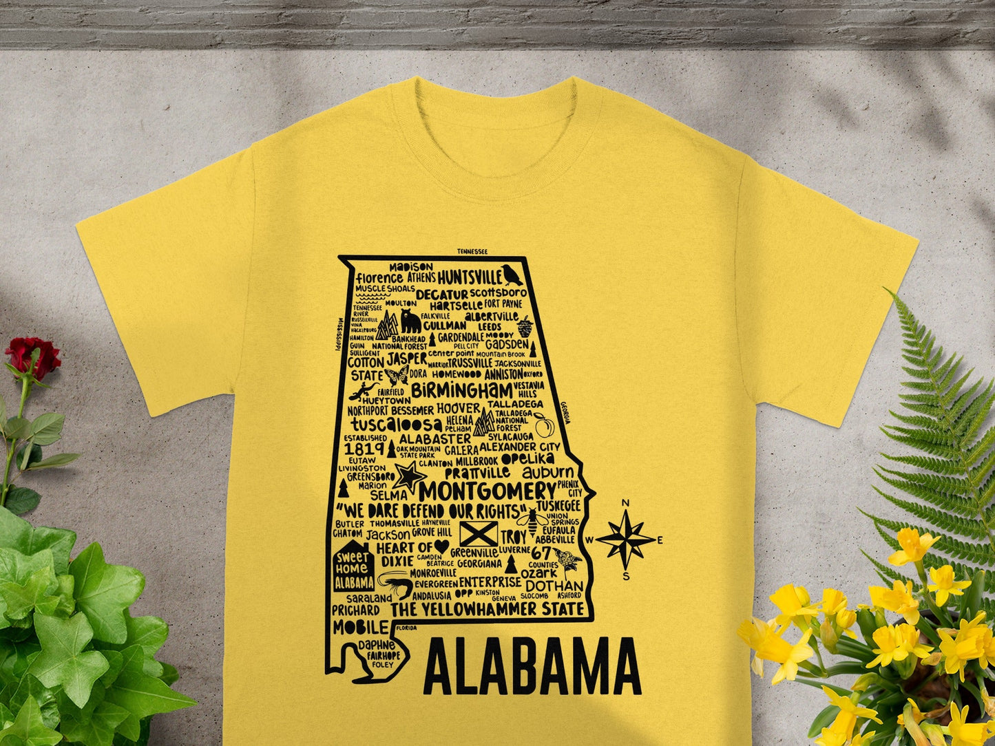 Alabama State Places Map Yellow Graphic T-Shirt