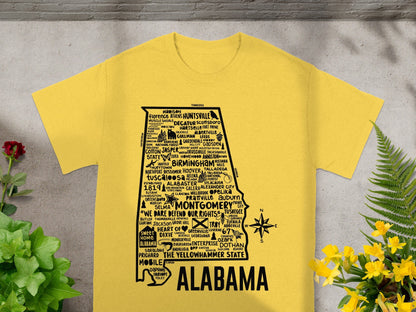 Alabama State Places Map Yellow Graphic T-Shirt