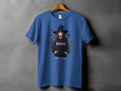 Blue t-shirt with a graphic of a witch wearing a black hoodie with the word "MAMA".