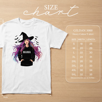 White t-shirt with graphic of witch wearing "MAMA" hoodie and size chart.