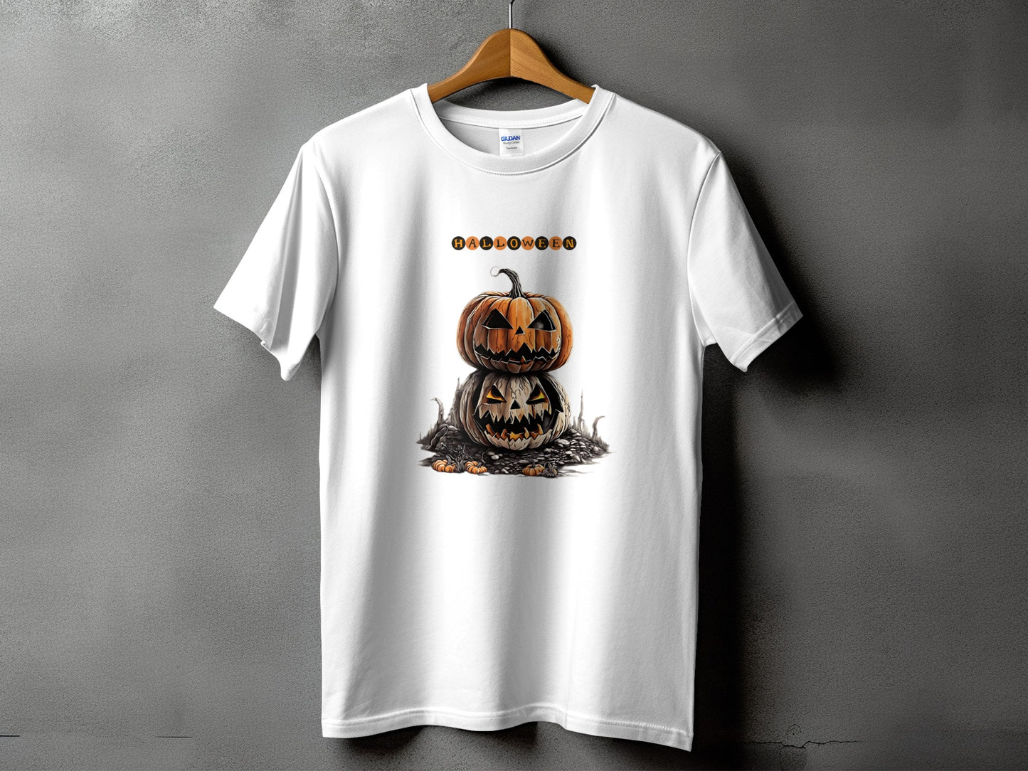 White t-shirt with stacked jack-o'-lanterns and "HALLOWEEN" text graphic.