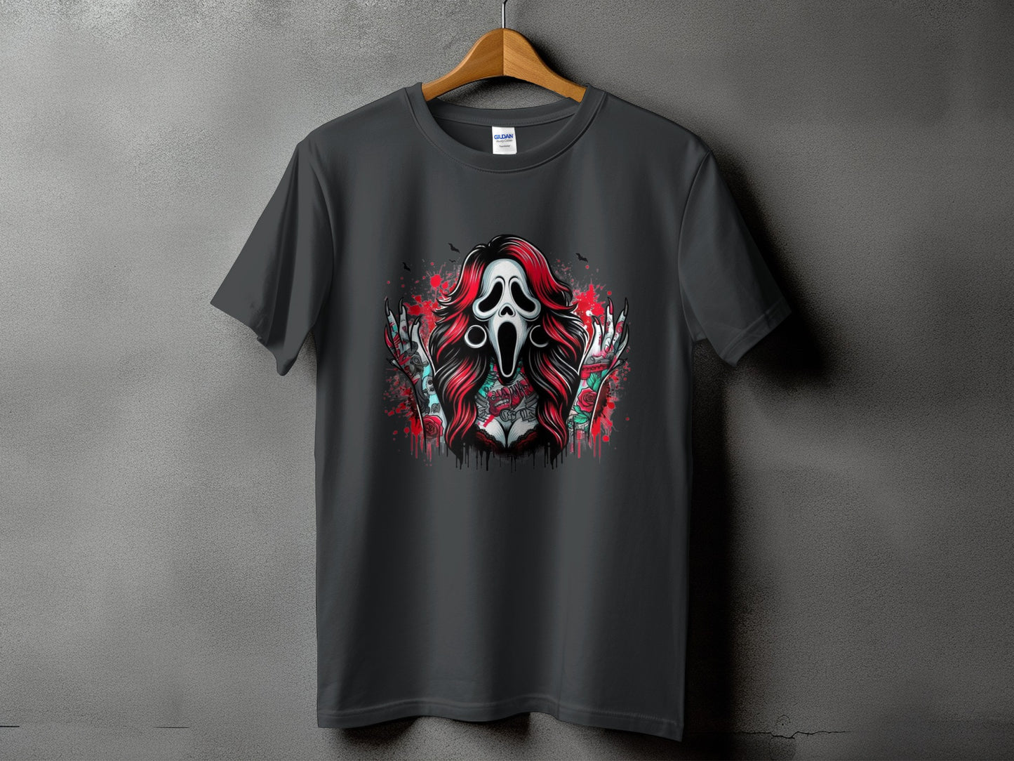 T-shirt with a Ghostface mask design featuring tattoos and roses.