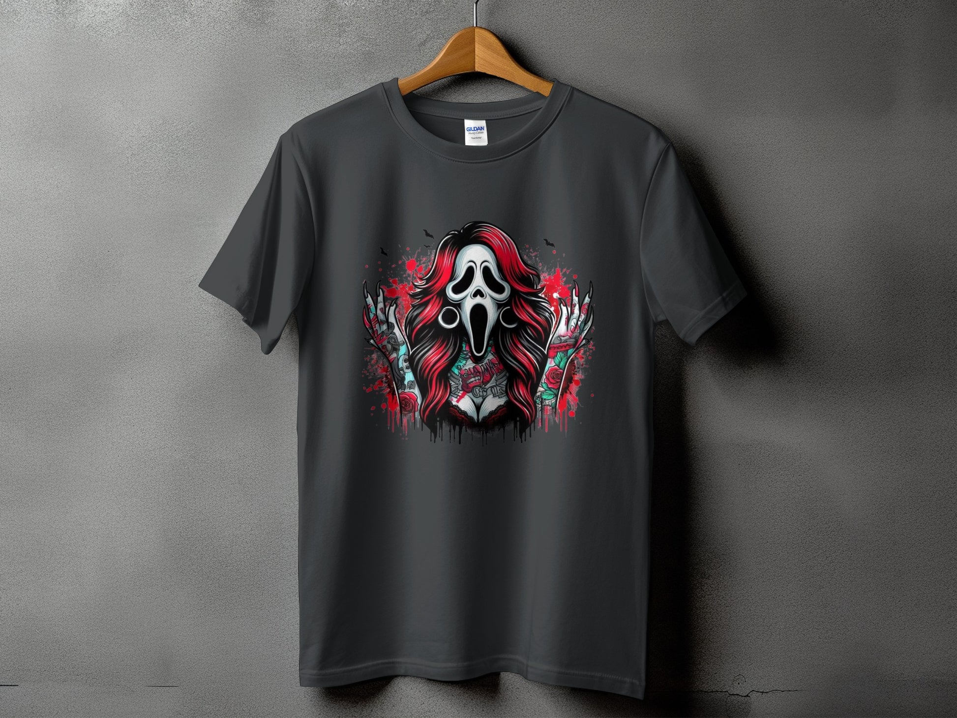 T-shirt with a Ghostface mask design featuring tattoos and roses.