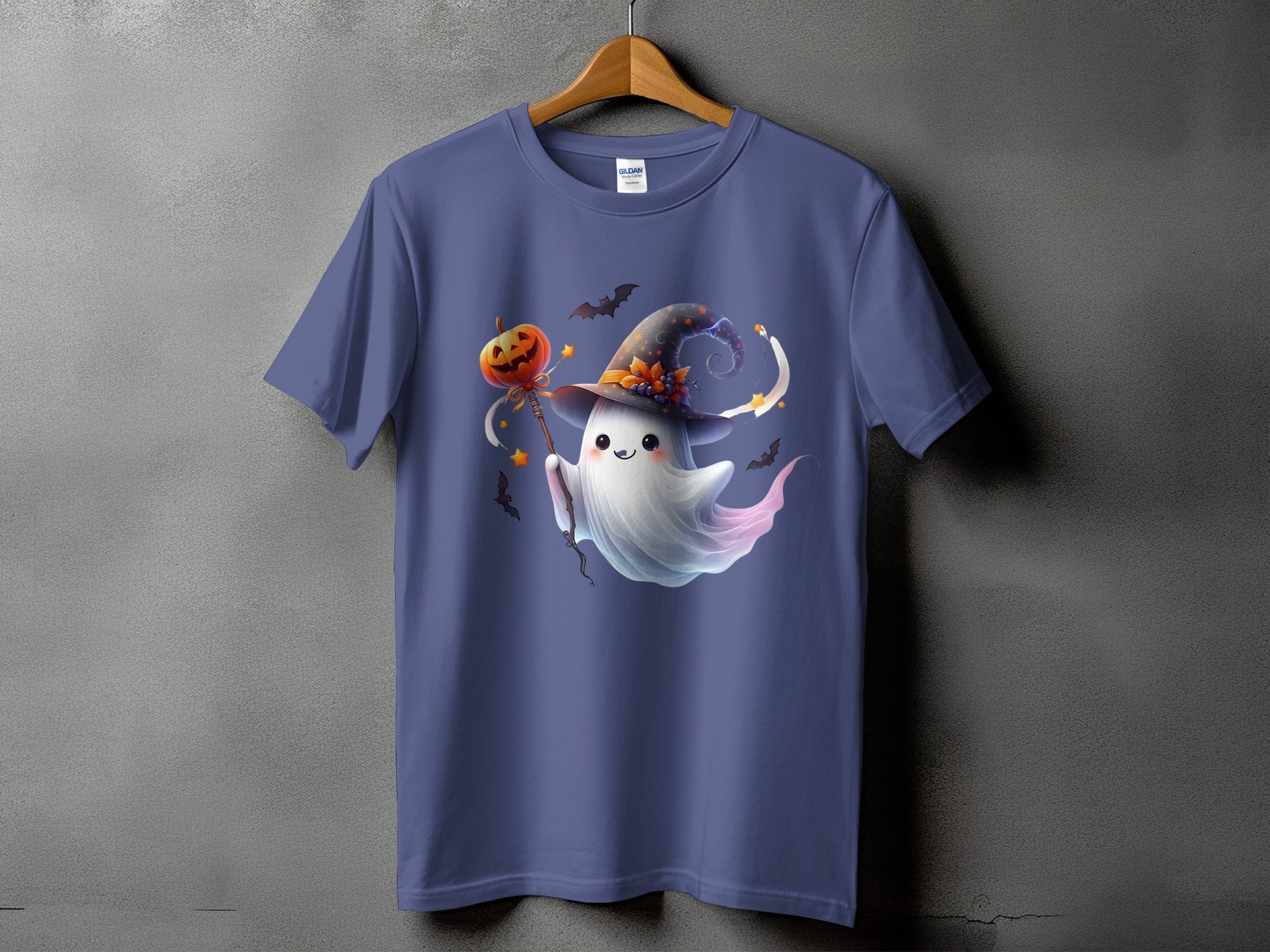 Purple t-shirt with a cute ghost holding a pumpkin wand and wearing a witch hat.