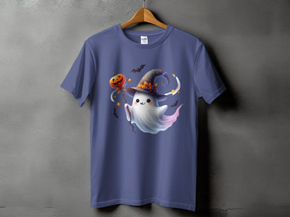 Purple t-shirt with a cute ghost holding a pumpkin wand and wearing a witch hat.