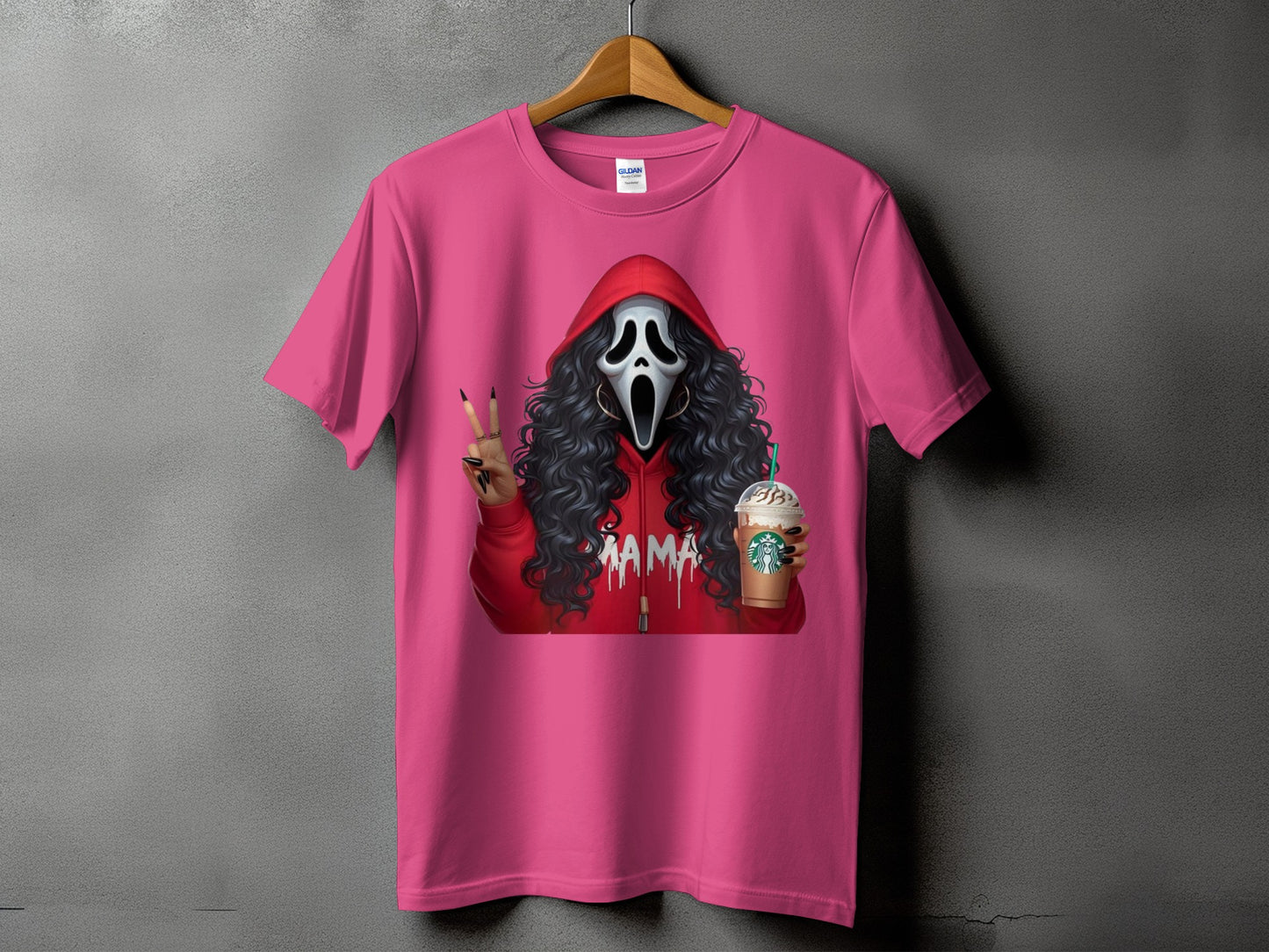 Pink t-shirt with Ghostface holding a Starbucks drink and making a peace sign.