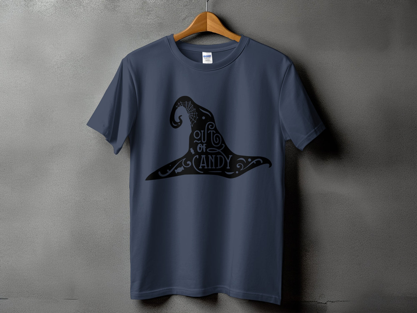 Dark blue t-shirt with a black witch hat graphic and "out of candy" text.