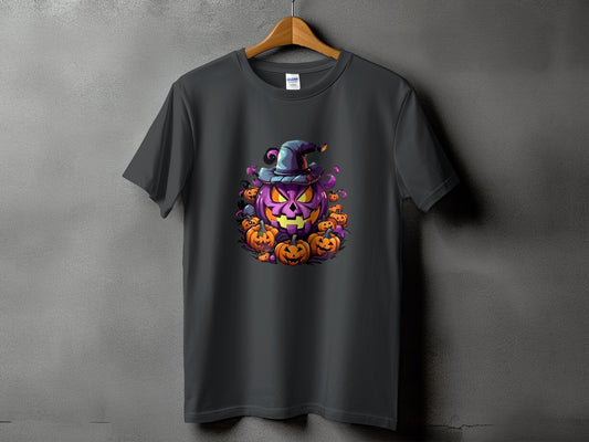 Dark gray t-shirt with a Halloween jack-o'-lantern and pumpkins graphic.
