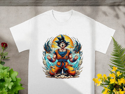 Goku in Super Saiyan form powering up with dragons around him.