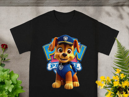 Black t-shirt with Chase from Paw Patrol character graphic.