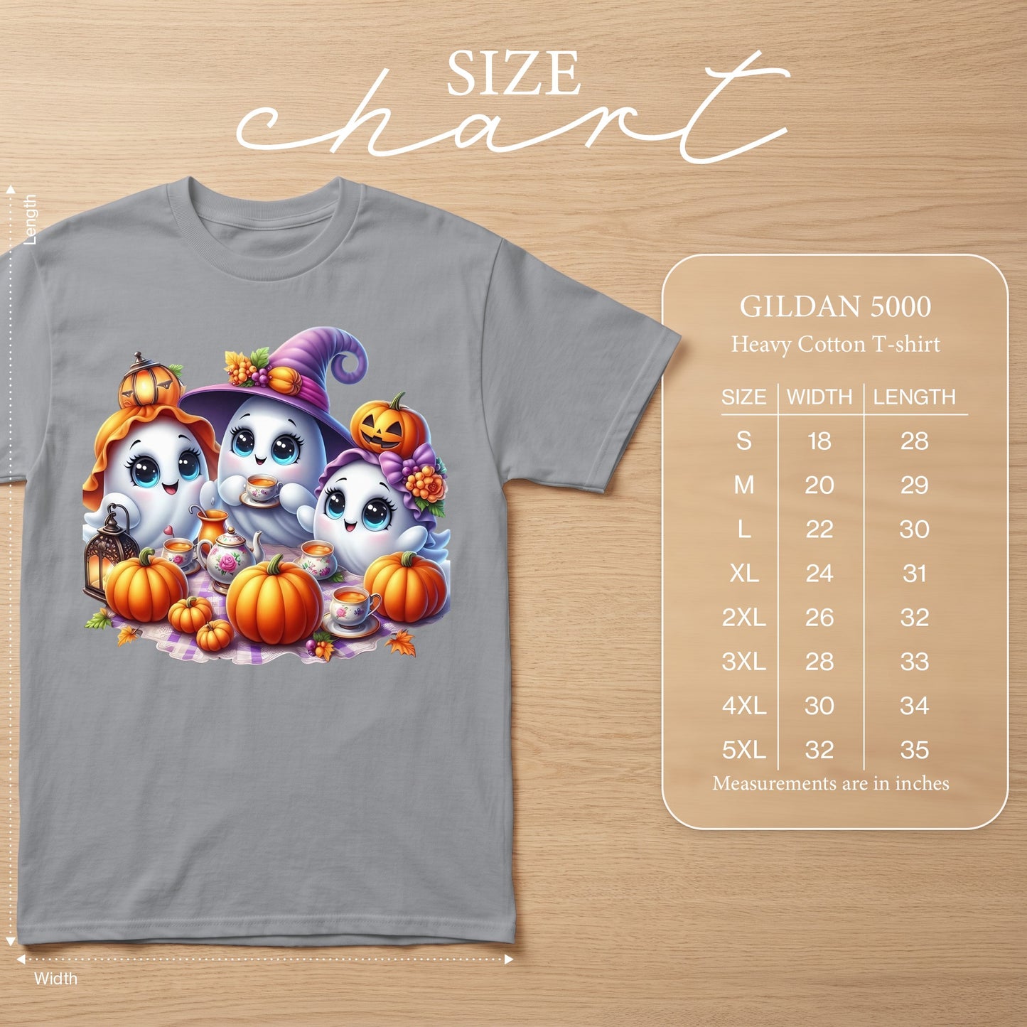 Size chart for Gildan 5000 heavy cotton t-shirt with Halloween ghosts and pumpkins.