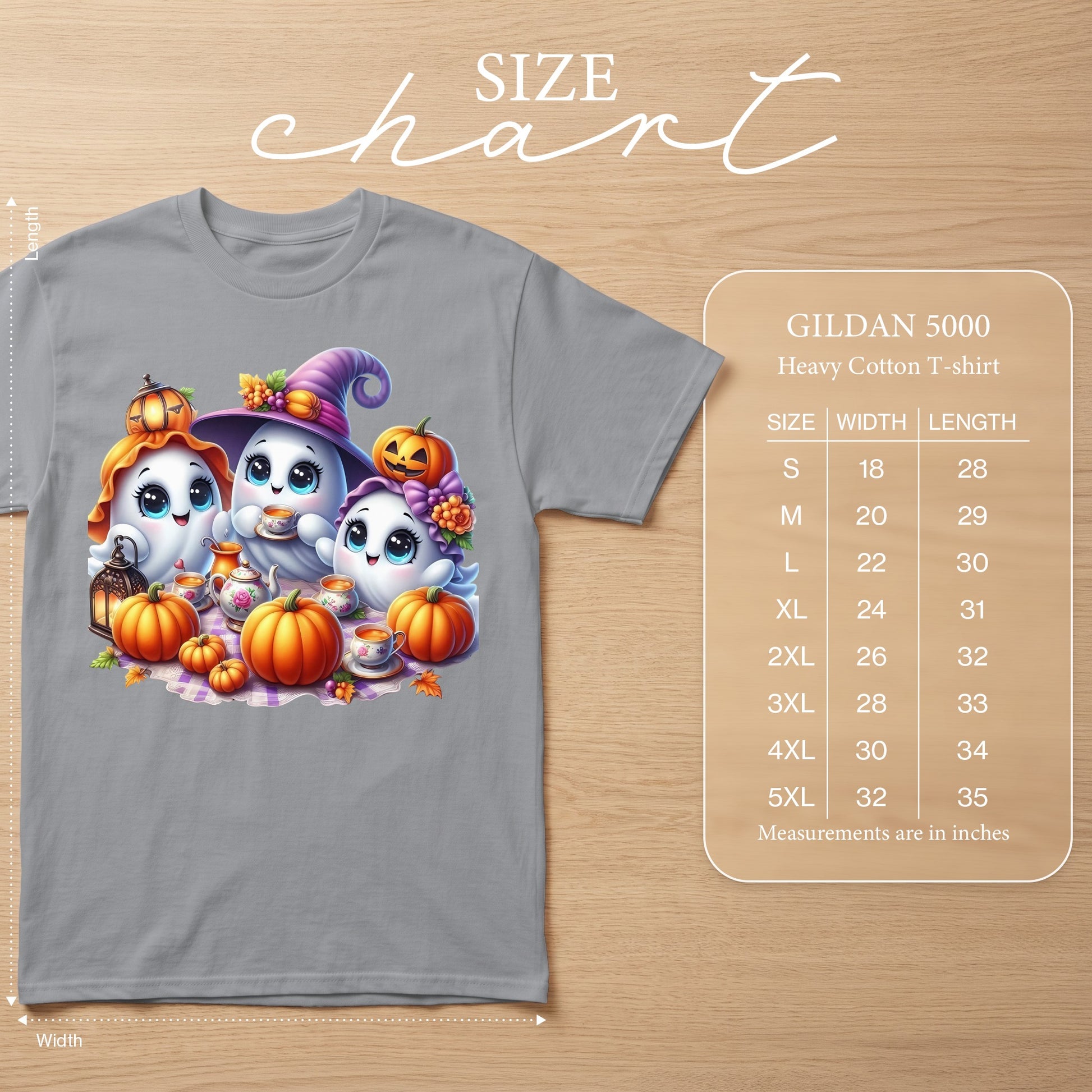 Size chart for Gildan 5000 heavy cotton t-shirt with Halloween ghosts and pumpkins.