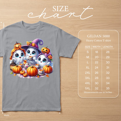 Size chart for Gildan 5000 heavy cotton t-shirt with Halloween ghosts and pumpkins.