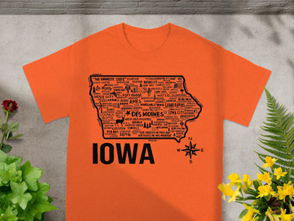 Iowa State Landmarks Map T-Shirt with Compass Design