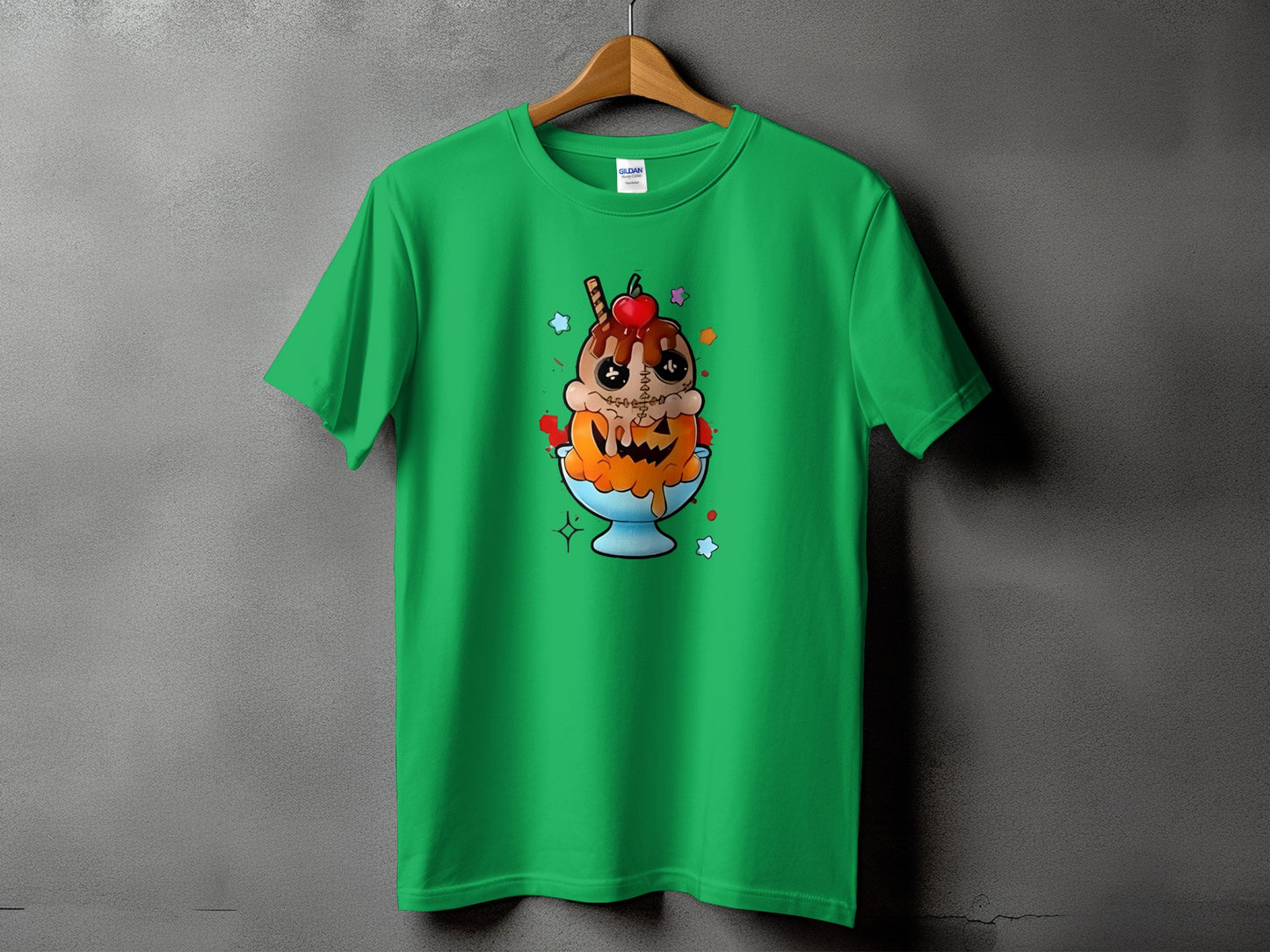 Green t-shirt with a spooky ice cream sundae graphic.
