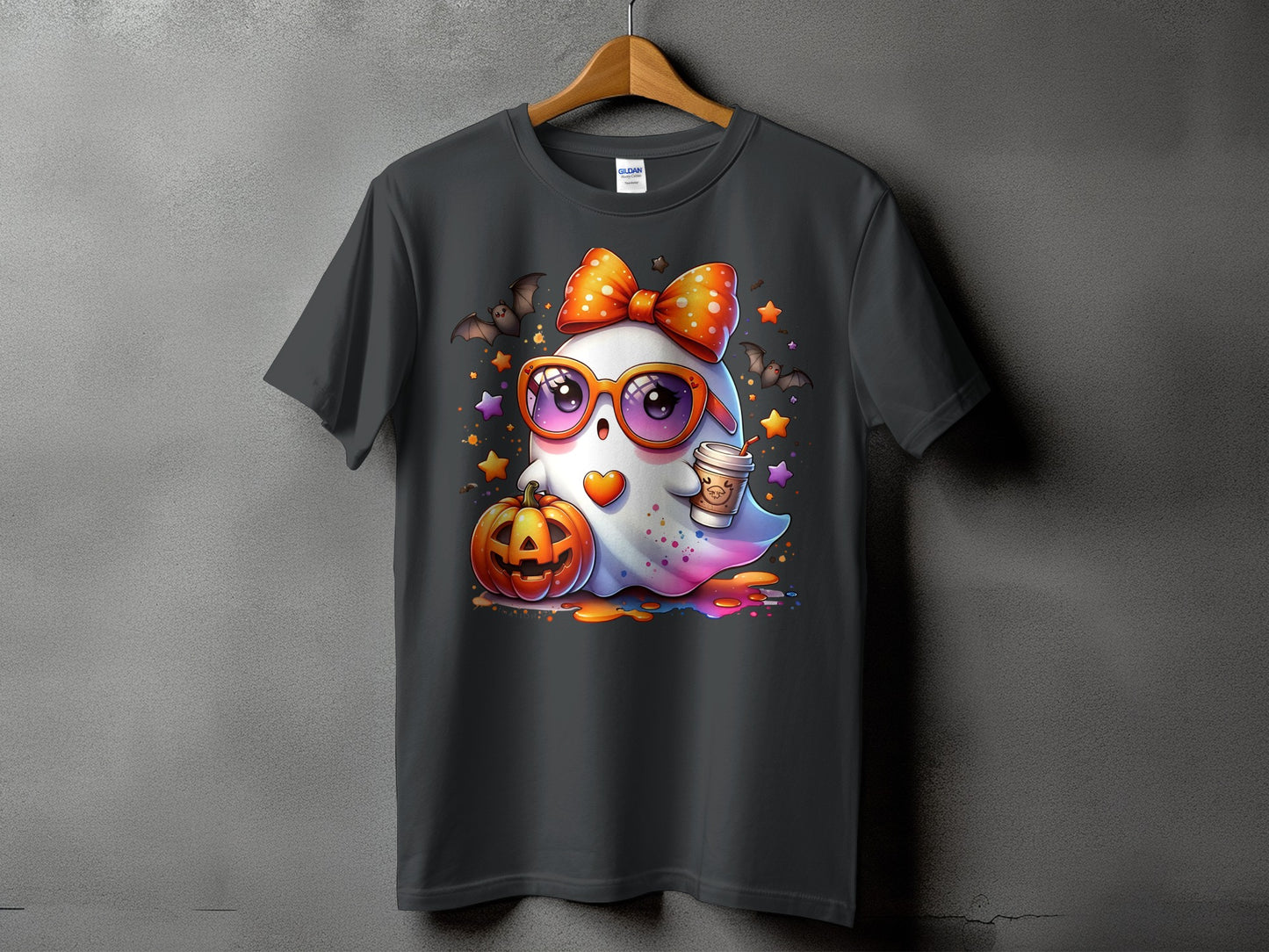 Cute ghost with sunglasses, bow, coffee, and pumpkin on a dark t-shirt.