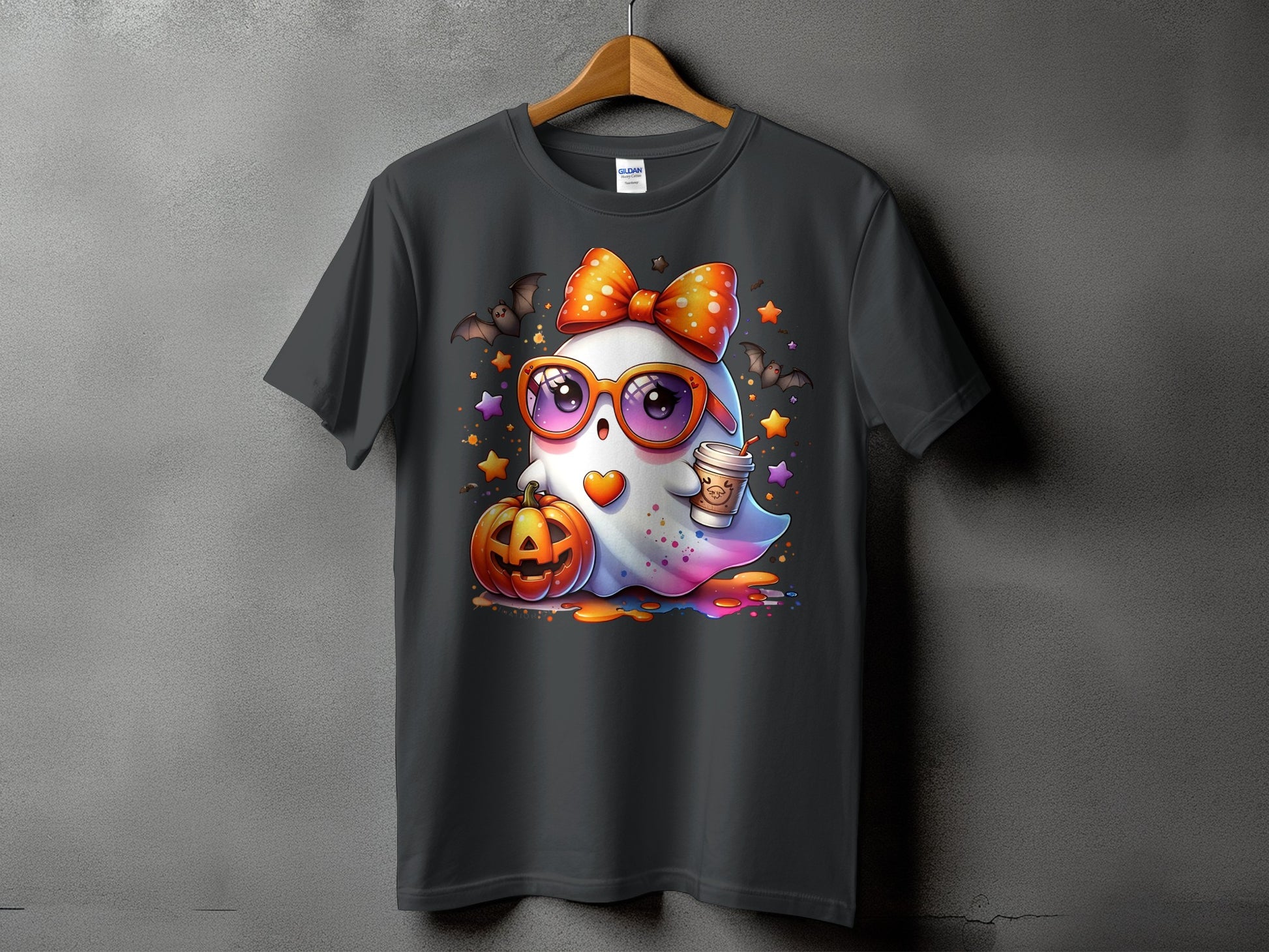 Cute ghost with sunglasses, bow, coffee, and pumpkin on a dark t-shirt.