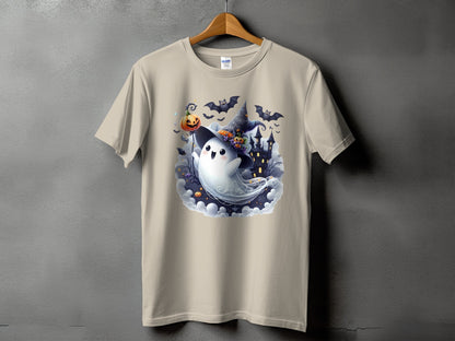 T-shirt featuring a cute ghost wearing a witch hat with Halloween scene.