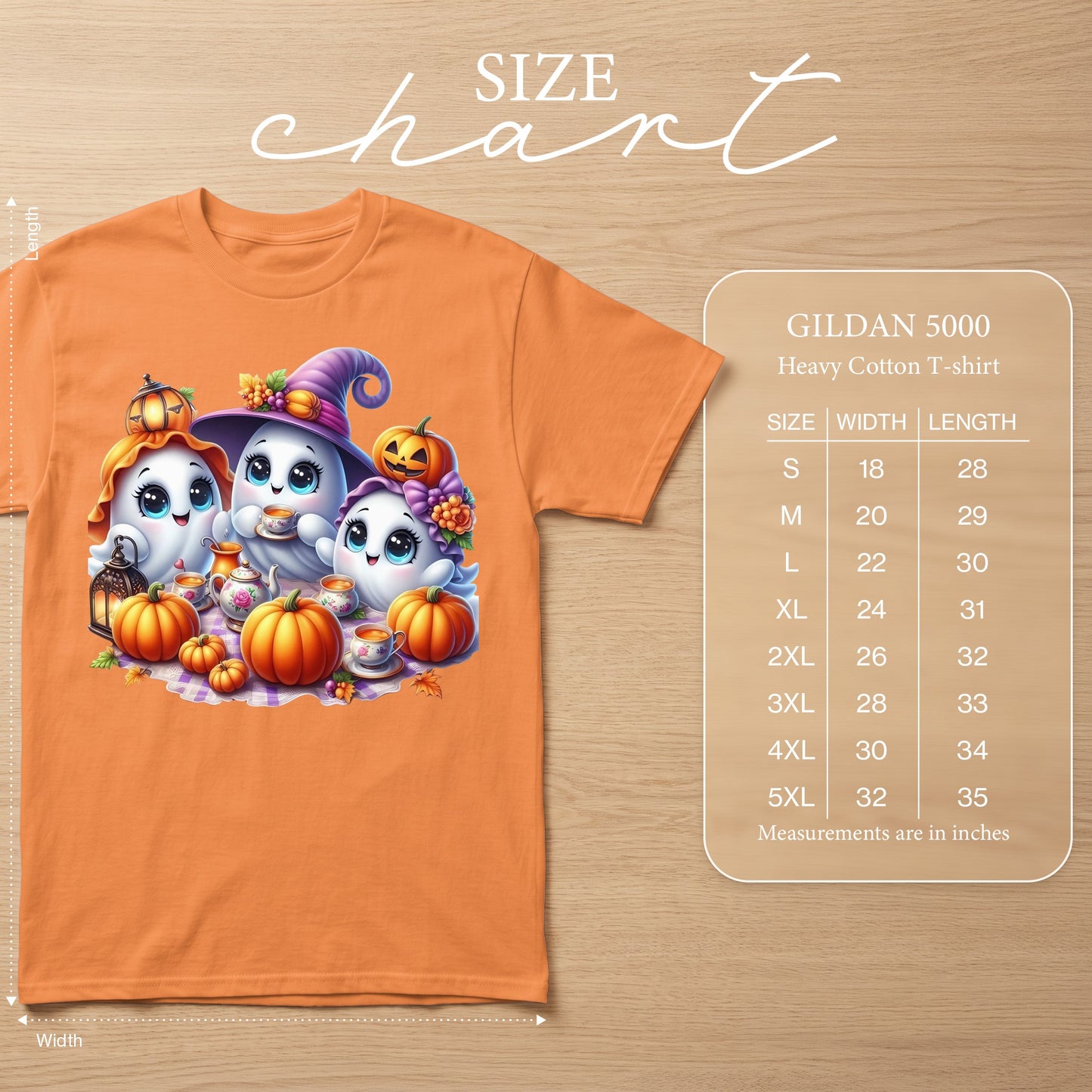 Orange Gildan 5000 t-shirt with cute ghosts, pumpkins, and tea set graphic.