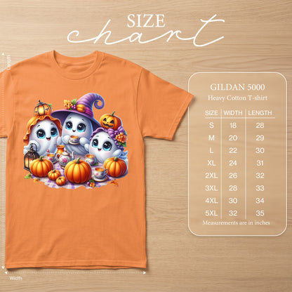 Orange Gildan 5000 t-shirt with cute ghosts, pumpkins, and tea set graphic.