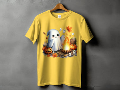 Yellow t-shirt with a cute ghost, pumpkins, and campfire Halloween graphic.