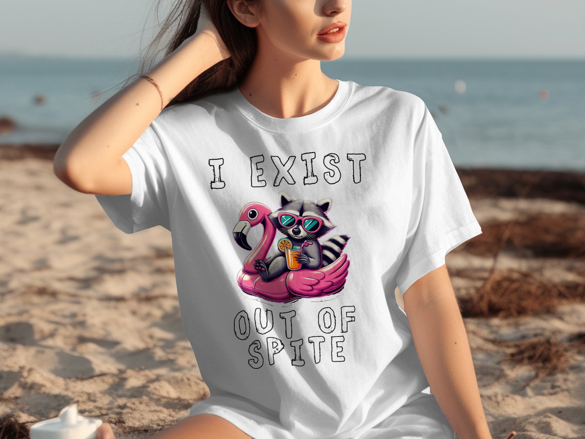 I Exist Out of Spite Raccoon and Flamingo Artwork Shirt