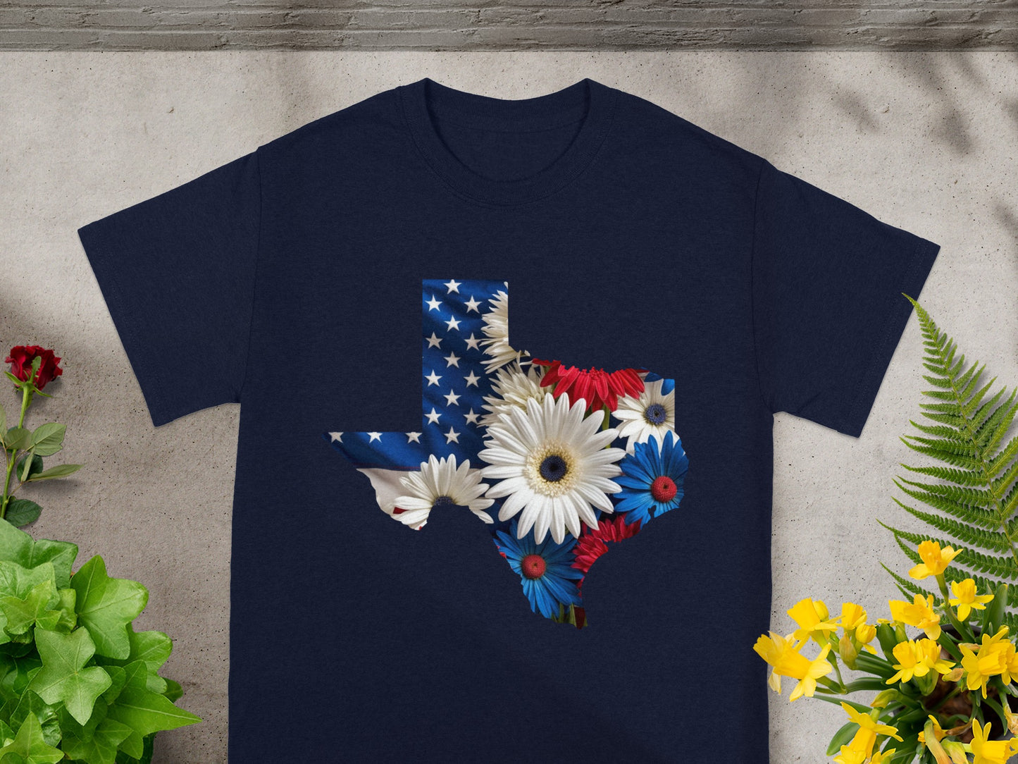Navy t-shirt with Texas shape made of American flag and flowers.