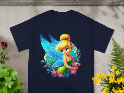Tinkerbell with blue wings and pink flowers on a navy t-shirt.