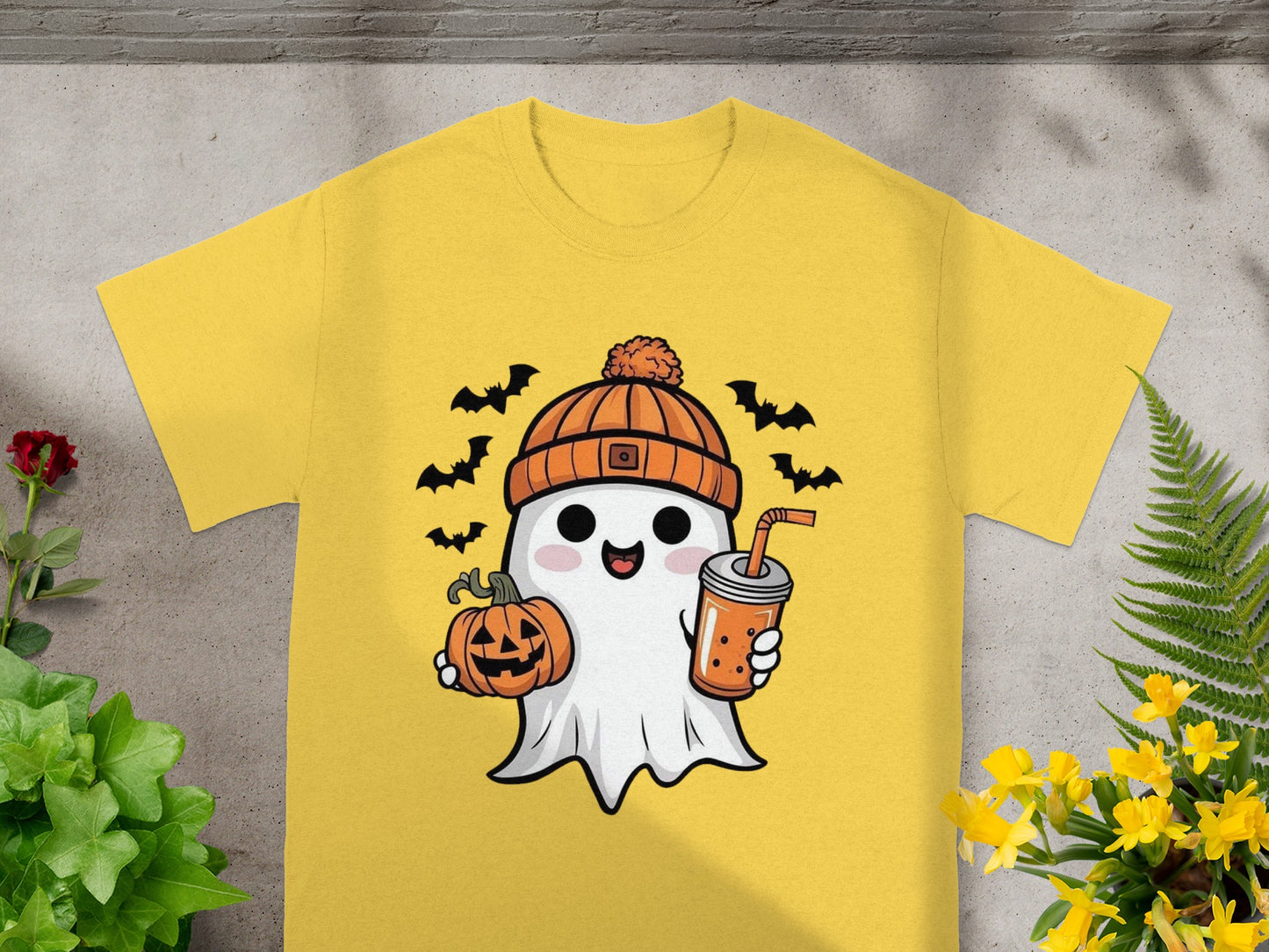Ghost wearing an orange beanie holding a pumpkin and a drink, with bats flying.