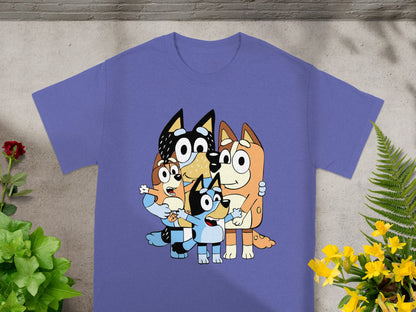 Bluey and Bingo characters family hug on a purple t-shirt.