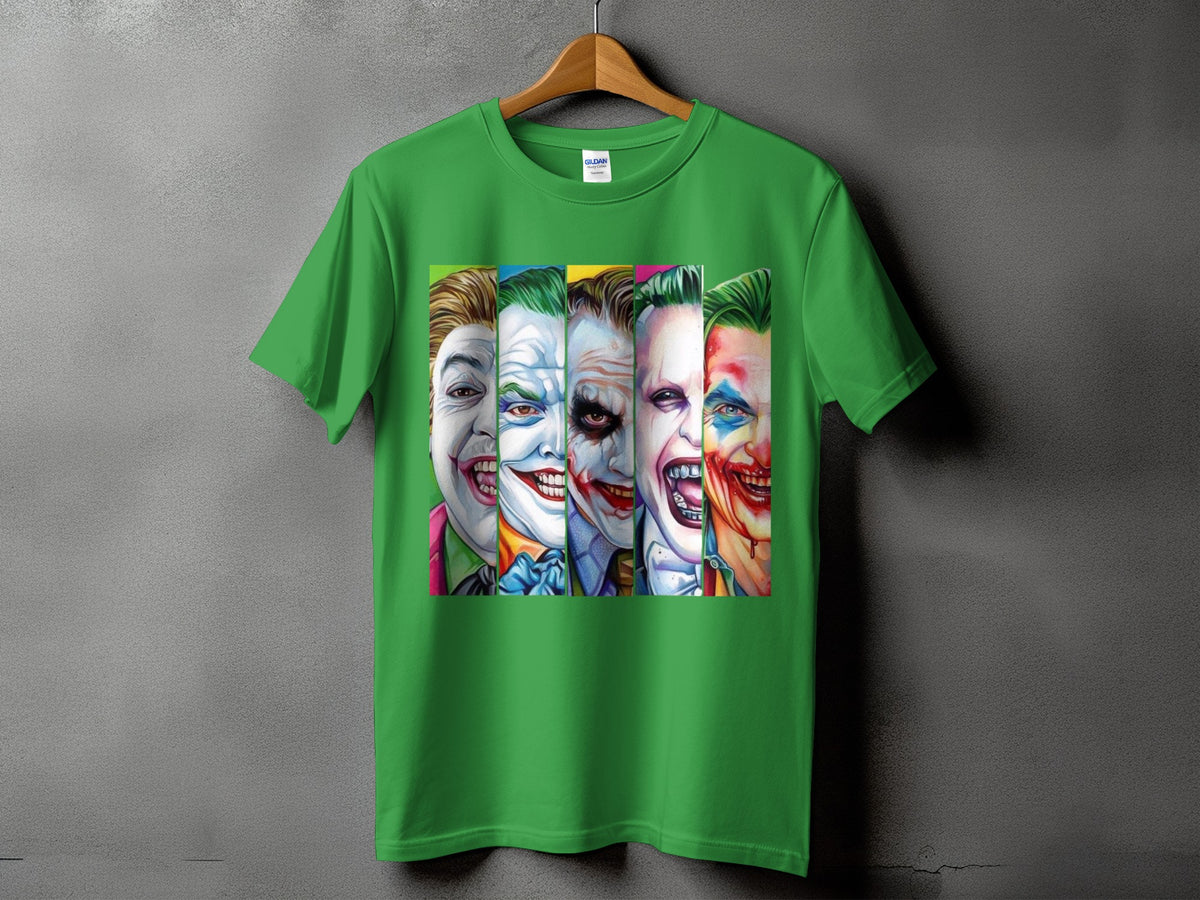 Green t-shirt with a collage of five different Joker faces.