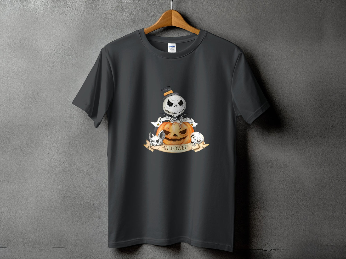 Dark grey t-shirt with Halloween graphic featuring Jack Skellington, pumpkin, and skulls.