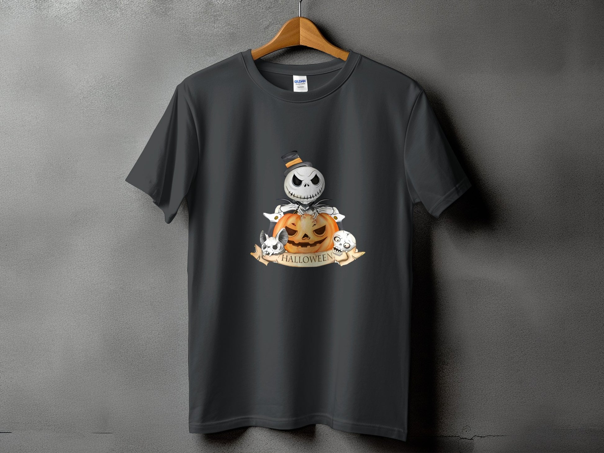 Dark grey t-shirt with Halloween graphic featuring Jack Skellington, pumpkin, and skulls.