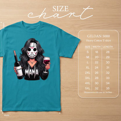 Teal t-shirt with graphic of woman in mask holding wine and bottle. Size chart included.