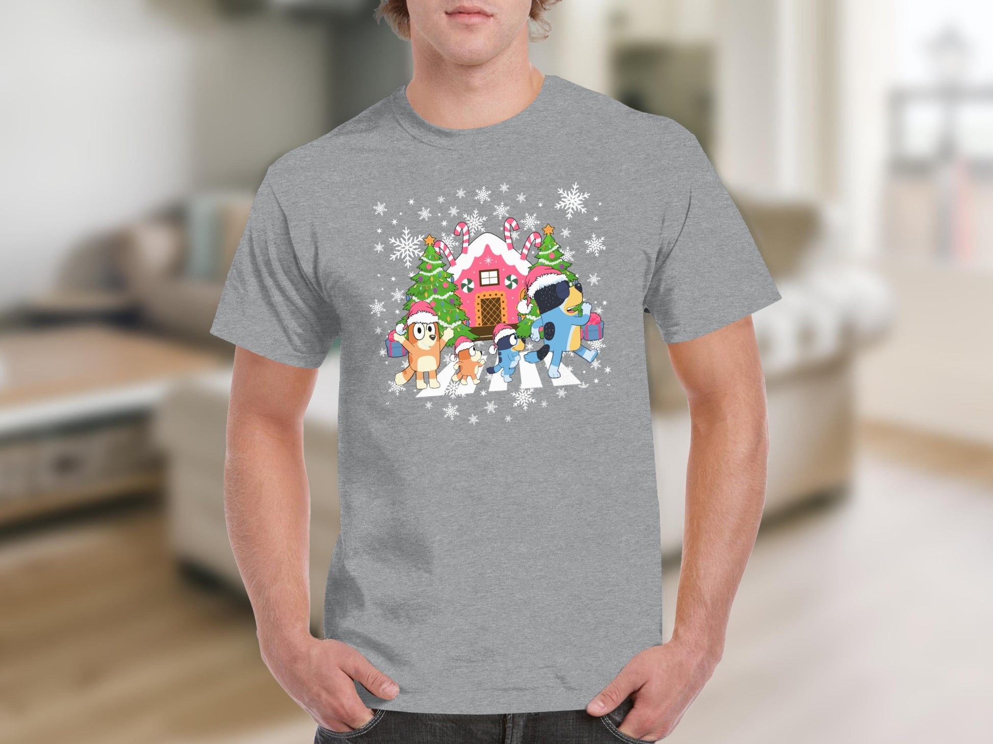 Festive Cartoon Characters with Snowflakes T-shirt