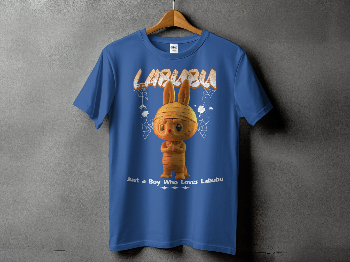 Blue t-shirt with "LABUBU" text and a mummy rabbit graphic.